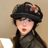 DAIIIBABYYY  -  Niche Trend Star Button Patch Design Denim Beret Spring and Autumn Personality Street Big Head Octagonal Painter Hat for Woman‘s