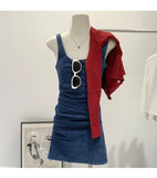 Daiiibabyyy  Women's Summer Blue Denim Short Dress High Waist Folding Strap Hip Wrapping Slimming Fit Mini Dresses 2025 New Style Fashion