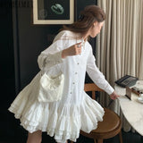 Daiiibabyyy  Autumn New White  Big Skirt Three-dimensional Waist Bottom Long Sleeve Shirt Dress  dresses for women