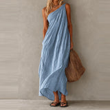 Daiiibabyyy  Cotton Linen Casual Pocket Solid Long Dress Elegant Draped Hight Waist Women Dress Sleeveless Slanted Shoulder Loose Party Dress
