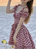 Daiiibabyyy Summer Red Plaid Korea Sweet Dress Women Puff Sleeve France Elegant Party Mini Dress Square Collar Lolita Cute Dress Female