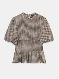 Daiiibabyyy  Women Chic Full Sleeve Stand Collar Plaid Shirts Stylish Folds Spliced Sweet Lantern Sleeve Blouse Slim-fit Commuter Pullover