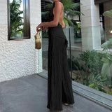 Daiiibabyyy  High Street Halter Backless Blouse&Wide Leg Pants Set Summer Elegant Two Piece Party Club Suit 2025 Chic Folds Female Outfit