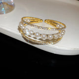 Daiiibabyyy  Diamond-inlaid Pearl Multi-layer Open Bangles  for Women European American Exquisite Temperament Bracelet Light Luxury Jewelry
