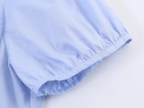 Daiiibabyyy  Light Blue Vintage Blouses Women Stand Collar Tie Neck Ruched Front Puff Short Sleeve Fitted Silhouette Tops Street Wear
