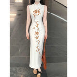 DAIIIBABYYY  -  Chinese Style Hot Girl Gold Peony Qipao Women's Summer Retro Slim Fit Sleeveless White Long Dress Fashion Female Clothes