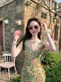Daiiibabyyy  French Vintage Green Floral V-neck Small Flying Sleeves Long Dress for Women Summer Waist Slimming Sweet Sleeveless Beach Dress