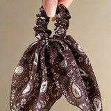 Daiiibabyyy  Paisley Ribbon Hair Scrunchie Creamy Apricot Print Bow Hair Tie New Long Flowy Head Band Scarf Women's Elegant Hair Accessory