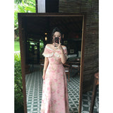 Daiiibabyyy  Vintage Floral Midi Dress Women Elegant Slash Neck Lace Dresses Summer Vacation Korean Sexy Off Shoulder Bodycon A Line Vestidos