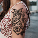 Daiiibabyyy  1pc Black Rose & Butterfly Design Large Temporary Tattoo Sticker For Arms, Chest, Abdomen, Back