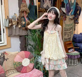 DAIIIBABYYY  -  Ethnic Style Pink Green Floral Pleated Sling Loose Flower Bud Women Summer New Dopamine Patchwork Square Neck Slip Dress