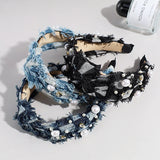 Daiiibabyyy Wide-brimmed Denim Fabric Hair Band for Women Creative Pearl Knotted Headband Fixed Hoop Hairband Girls Hair Accessories