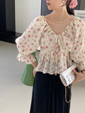 DAIIIBABYYY  -  Sweet Just V-neck Drawstring Floral Lace Shirt Women Gentle Lazy Wind Long Sleeve Top