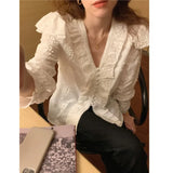 DAIIIBABYYY  -  Korean Embroidered Lace Splicing Long Sleeve Shirt for Women Early Autumn, Loose Bubble Sleeve Shirt