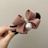 Daiiibabyyy  Velvet Bow Hair Claw Clips For Women Elegant Pearl Ornament Bun Clip Hair Grab Strong Hold Clamps Daily Hair Accessories