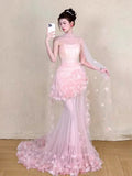 Daiiibabyyy  Pink Long Wedding Dresses Women Tulle Flowers Strapless Pleat Mermaid Formal Prom Party Dance Bridal Evening Dresses