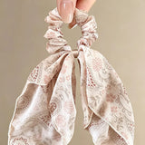 Daiiibabyyy  Paisley Ribbon Hair Scrunchie Creamy Apricot Print Bow Hair Tie New Long Flowy Head Band Scarf Women's Elegant Hair Accessory