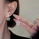 Daiiibabyyy  Shiny Zircon Snowflake Pendant Earrings for Women Exquisite Imitation Pearl Two Wear Earrings Party Charms Jewelry Accessories