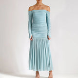 Daiiibabyyy  Fashion Strapless Long Sleeved A-line Dress Office Casual High Waist Pleated Robe Dress Lady One Shoulder Solid Evening Dresses