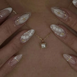 Daiiibabyyy  24pcs French White Fake Nails Fashion Short Almond Crocodile Design Full Cover Nail Tips with Starlight Press on False Nails Set