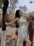 Daiiibabyyy  White Irregular Suspender Dress Fairy Early Spring and Autumn French Style Escape Princess Style Waist-closing Skirt