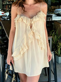 Daiiibabyyy  French Temperament Solid Ruffles Spaghetti Strap V Neck A-LINE Short Off Shoulder Dresses
