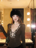DAIIIBABYYY  - Heavy Sequin Sexy V-neck T-shirt for Women 2024 Autumn New Bottoming Tops Mujer Y2k E-Girl Slim Fit Long Sleeve Tee Shirt