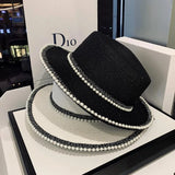 DAIIIBABYYY  -  Summer Elegant Pearl Chain Flat Sun Hat Women's Straw Panama Wide Brim Anti-UV Beach Cap Feminino Chapeu Girl Topee