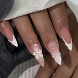 Daiiibabyyy  24Pcs Long Stiletto Press on Fake Nails White Gradient French False Nails with 3D Flower Pearl Detachable Full Cover Nails Tips