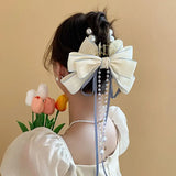 Daiiibabyyy Elegant Bow Ribbon Hairpin for Women Long Tassels Fashions Pearl Bowknot ponytail clip Retro Headband Girls Hair Accessories