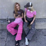 DAIIIBABYYY  -  Vintage Gradient Hipster Cargo Jeans Pants Women Autumn High Waist Button Zipper 3D Pockets Denim Wide Leg Trousers Streetwear