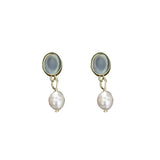 Daiiibabyyy  Sweet Oval Blue Glass Stone Drop Earrings for Women Girl Niche Elegant Imitation Pearl Dangle Earrings Daily Jewelry Accessories