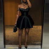 DAIIIBABYYY  -  Black Sequin Patchwork Slim A-line Dress Lady Sexy Off Shoulder Pleated Suspender Dress Casual Sleeveless High Waist Party Dress