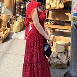 Daiiibabyyy  French dress spring new waist square collar design thin backless long floral  maxi dresses for women