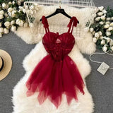 DAIIIBABYYY  -  Hot Girl Sexy Mesh Patchwork Strap Dress for Women's Summer Pure Sexy Transparent Lace-up Hollow Irregular Babydolls