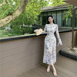 DAIIIBABYYY  -  Autumn Floral Mesh Long Sleeve Chic Bow Collar Long Dress Women Elegant Bodycon Slit Dress 2025 Korean Fashion Party Night Dress