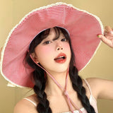 DAIIIBABYYY  -  Japanese Plaid Lace Bow Decorative Bucket Hat Women's Spring Summer Outdoor Shading Big Brim Vacation Foldable Lace-up Sun Cap