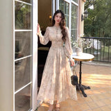 Daiiibabyyy  French Tea Break Floral Chiffon Long Dress Women's Autumn Winter New Style Beautiful Waist Cinching Maxi Skirt V-neck