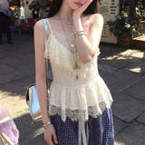 Daiiibabyyy  French Style Fashionable Lace Patchwork Slim Camis Summer Waist Tops Female Clothing Solid Color Basic Hotsweet Sleeveless Tanks