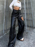 Daiiibabyyy Personalized Street Printed Letter Perforated Pu Leather Pants High Waist Wide Leg Casual Pants With Zipper And Pockets