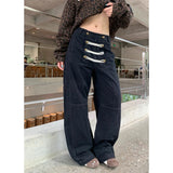 Daiiibabyyy  Women Khaki Cargo Denim Jeans Baggy Y2K Harajuku High Street 2000s Style Retro Wide Leg Jeans Long Pants Clothing Autumn