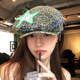 DAIIIBABYYY  -  American Leopard Print Forward Hat Men and Women Spring and Summer Five-pointed Star Sticker Design Short-brimmed Painter Cap