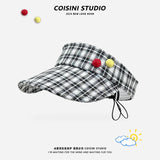 DAIIIBABYYY  -  Korean New Small Fresh and Sweet Plaid Button Empty Top Hat Women's Summer Outdoor Versatile Sunshade Drawstring Sun Cap Gorras