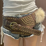 DAIIIBABYYY  -  Punk Women Studded Fur Belts Vintage Cowgirl Belt Y2K Metal Pu Gothic Waist Furry Fur Waistband Bohimia for Night Club Dress