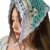 Daiiibabyyy  Women's Headscarf Dopamine French Mint Mambo Style Knitted Flower Triangular Headscarf Country Style Seaside Photo Girl Headband