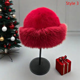 Daiiibabyyy  Christmas Red Fluffy Fur Bucket Hats women Thick Plush Winter Hat Imitation Mink Fur Christmas Hat Windproof Warm Panama Caps