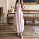 Daiiibabyyy  Women's Clothing French Style V-Neck Long Dress Stylish Drawstring Bow Summer Short Sleeve Vintage Elegant A-Line Waist Dresses