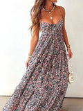 Daiiibabyyy  Women Elegant Floral Print Sling Dress Sexy Off Shoulder Backless Long Pleated Party Dress Fashion Hight Waist Swing Bohe Dress