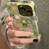 Daiiibabyyy  IND green grass grid pattern broken flower rabbit phone case with chain  for iPhone 11 12 13 14 15 16 17 Pro Max