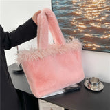 Daiiibabyyy Winter Large Capacity Faux Fur Tote Bag Long Plush Fringe Design Women's Fluffy Warm Handbag Luxury  Soft Travel Shopper Purses